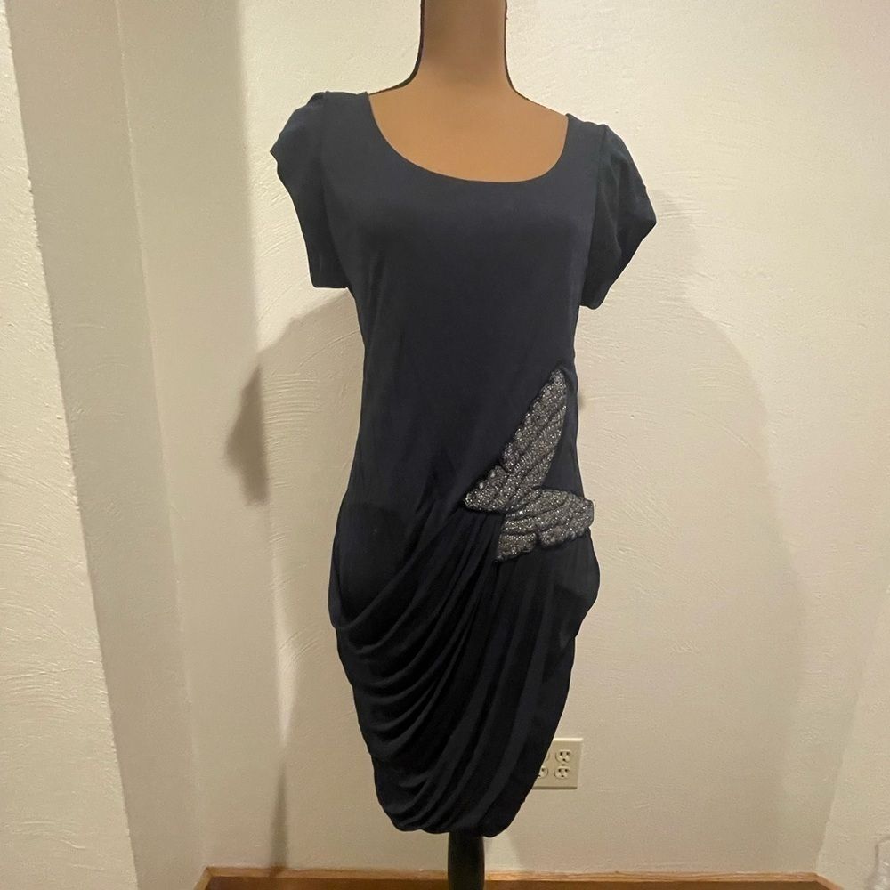 Inc black shirt sleeve dress with butterfly beaded detail